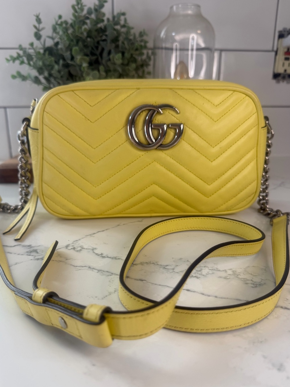 Authentic Gucci GG Marmont Leather Crossbody Bag - Yellow